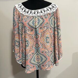 Women’s Large Eyeshadow Crocheted Neckline and Detailed Bell Sleeves Boho Blouse